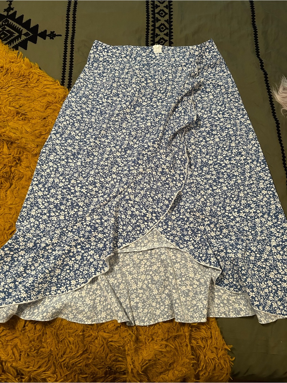 SHEIN Blue White Floral Ruffle Midi Skirt
